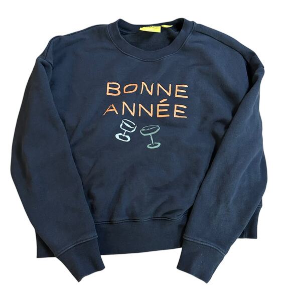 Anthropologie Phthalo Ruth Crew Sweatshirt Medium Navy Blue Bonne Annee Preppy - Picture 2 of 5